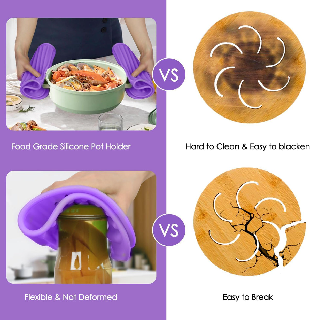 Silicone Trivet for Hot Dishes, 2 Pack Purple Heat Resistant Silicone Hot Pads Pot Holders for Kitchen Counter Non-Slip Trivets for Hot Pots and Pans, 9'' x 12'' Large Dish Drying Mat & Spoon Rest