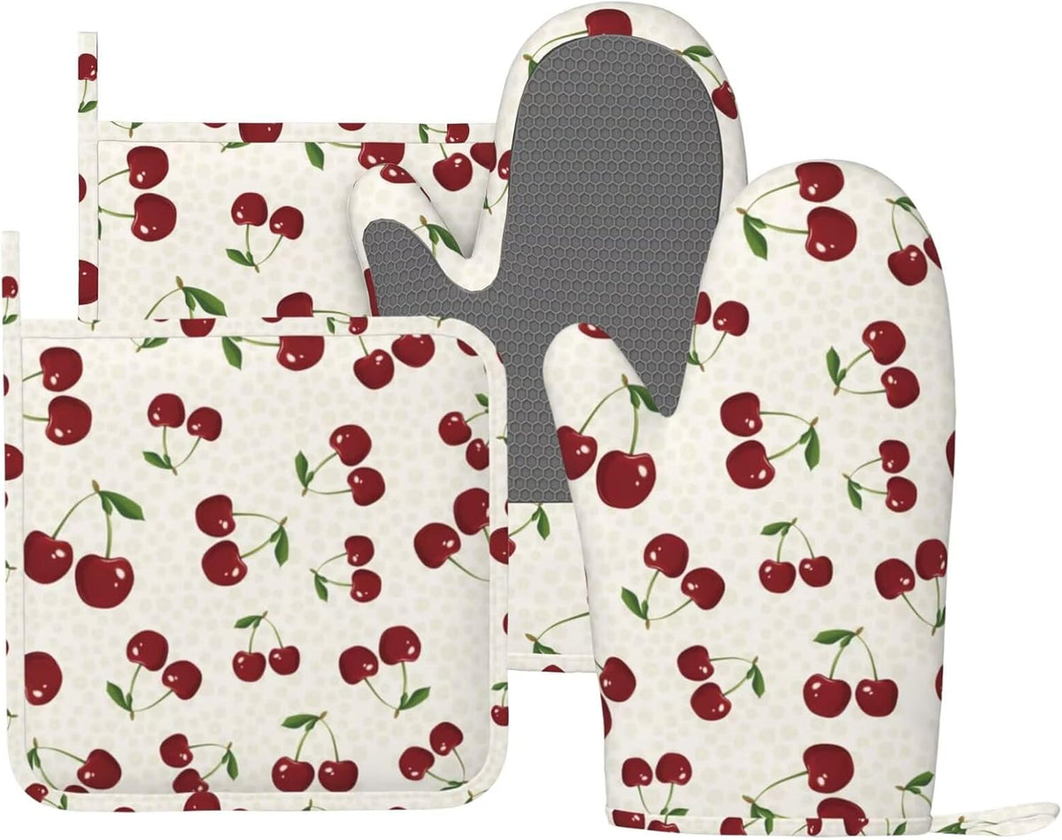 Cherry Berries Oven Mitts and Pot Holders Set of 4 Silicone Watercolor Cherries Kitchen Mitten Gloves and Non-Slip Potholders Set Heat Resistant Oven Gloves Hot Holders for Kitchen