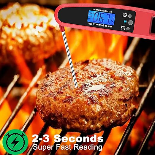 Instant Read Meat Thermometer for Kitchen Cooking, Ultra Fast Precise Waterproof Digital Food Thermometer with Backlight, Magnet and Foldable Probe for Deep Fry, Outdoor BBQ, Grill(RED)