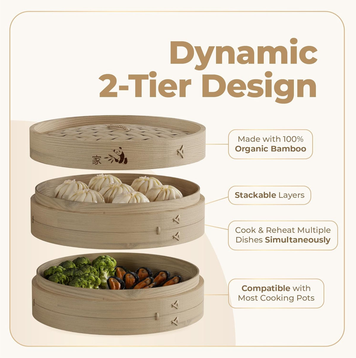 Prime Home Direct Bamboo Steamer Basket 10-Inch | 2-Tier Steamer for Cooking | 50 Liners, Chopsticks, Sauce Dish | Steaming Asian Food, Bao Buns, Chinese, Dim Sum, Dumpling, Rice, Vegetable Steam Pot