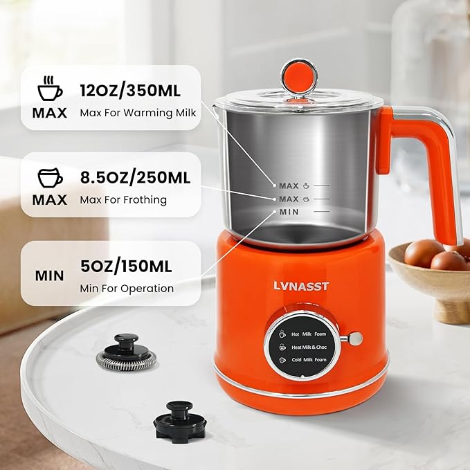 Stainless Steel Milk Frother for Coffee, 3-in-1 Electric Milk Warmer & Foam Maker, 12oz Hot Cold Frothing, Thick Foam for Macchiatos, Cappuccinos (Orange)