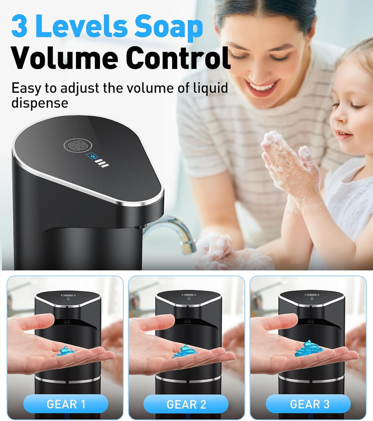 Automatic Soap Dispenser,Touchless Hand Wall Mount Rechargeable 3 Gear Adjustable Electric Soap Dispenser 350ml with Infrared Motion Sensor for Bathroom,Kitchen,Office, Black