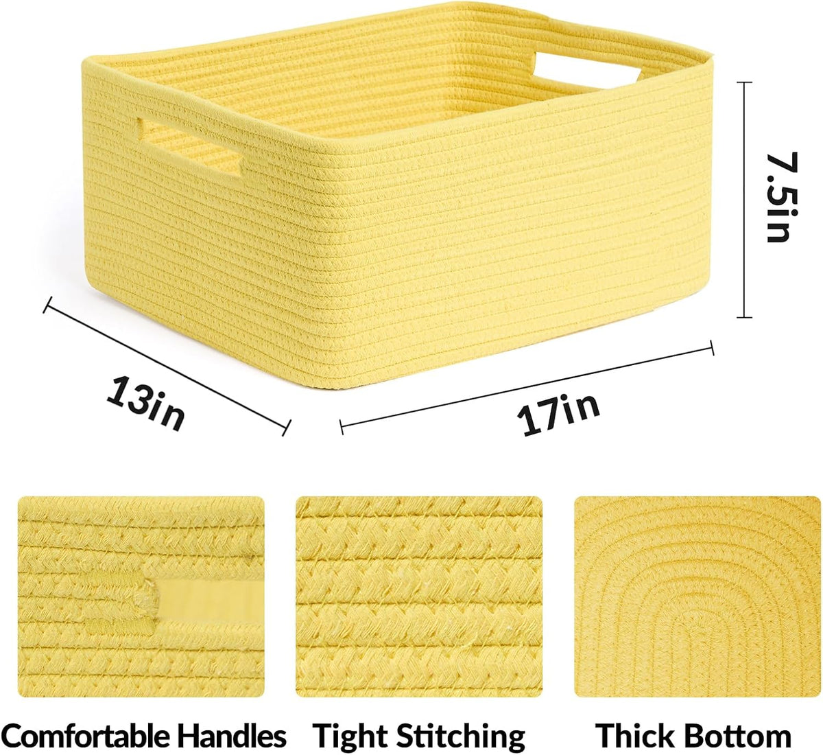 Large Storage Baskets for Shelves, Closet Organizers Bins for Clothes Blanket Towels, Baby Nursery, Toy Baskets Box, Woven Rope Baskets, 17 x 13 x 7.5”, 3 Packs Yellow