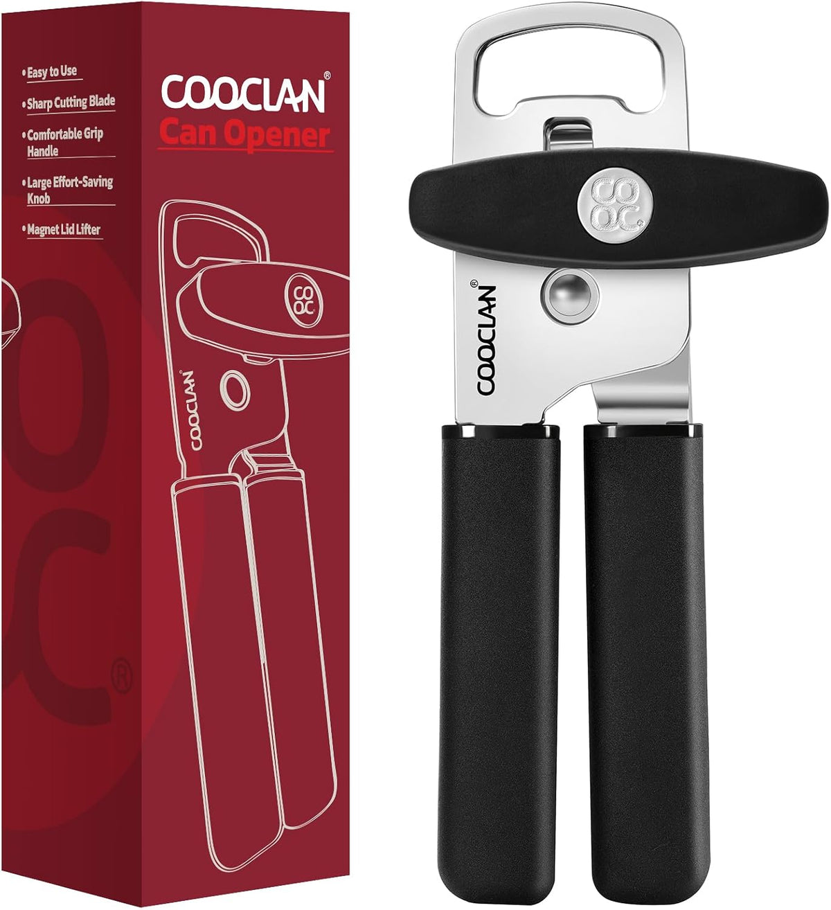 Can Opener Manual w/Magnet - Heavy Duty Hand Held Can Openers & Bottle Opener, Sharp Blade, Smooth Edge on Cans, Soft Grip Rubber Handle, Effortless Turn Knob for Seniors and Arthritis, Black