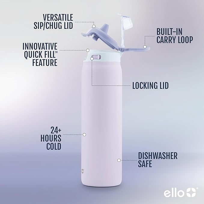 Ello Pop & Fill 32oz Stainless Steel Water Bottle with Quick Fill Technology, Double Walled and Vacuum Insulated Metal, Leak Proof Locking Lid, Sip and Chug, Reusable, BPA Free, Aurora