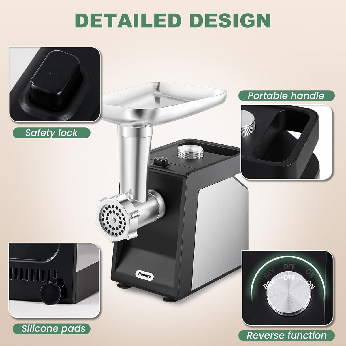 Huanyu Electric Meat Grinder for Home Use, Quiet for Apartment Cooking, Process Beef & Venison in 90s, Sausage Kubbe Prep Kit 110v