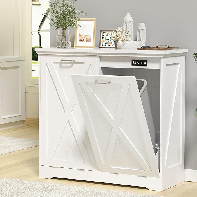 TOLEAD Double Tilt Out Trash Can Cabinet 10 Gallon,Farmhouse Style Kitchen Trash Cabinet with Barn Door, Solid Wood Tabletop, Pet Proof, Odor Blocking, Laundry Cabinet Keep Clean(White)