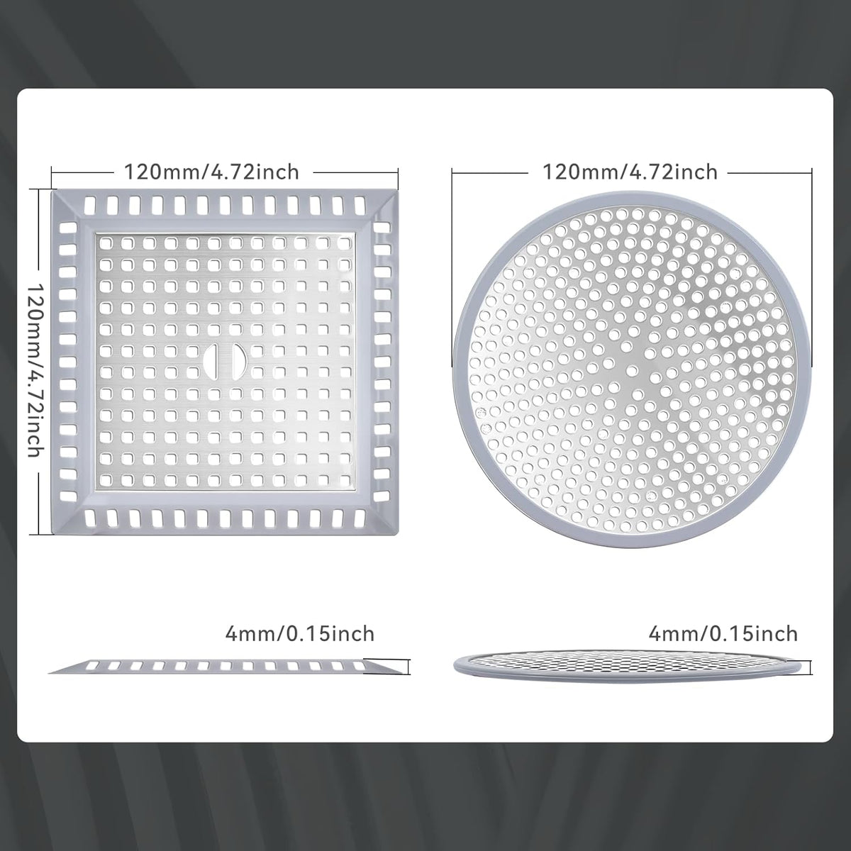 Makerfire 2PCS Shower Drain Hair Catcher, 4.72'', Flat Shower Drain Cover/Filter, Bathroom/Kitchen Sink Drain Strainer, Stainless Steel and Silicone