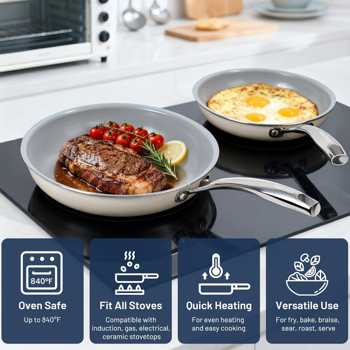 Kikcoin Ceramic Nonstick Frying Pan Skillets - 3 Sizes Omelette Pans for Healthly Cooking, 8+9.5+11 Inch Egg Pan with Stay Cool Handle, Free of PFAS PFOA PTEE, Oven/Dishwasher Safe for Busy Kitchen
