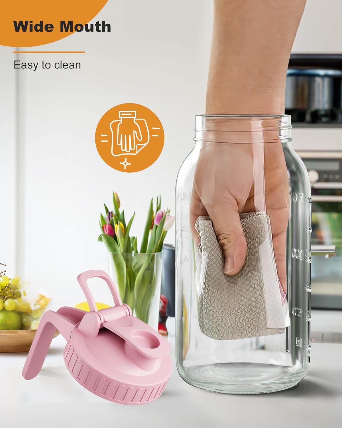 | 2 Pack | 64oz Glass Pitcher with Lid and Spout, 2 Quart (1.9 Liter) Mason Jar Pitcher Wide Mouth, Airtight Water Jug for Juice, Sun Tea, Iced Coffee, Milk Storage, Pink & Green