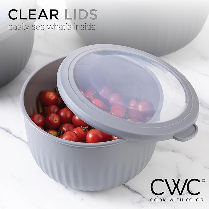 COOK WITH COLOR Prep Bowls with Lids- Wide and Deep Nesting Plastic Small Mixing Bowl Set with Lids, 12 Piece Set - Deep Bowls, Black/White