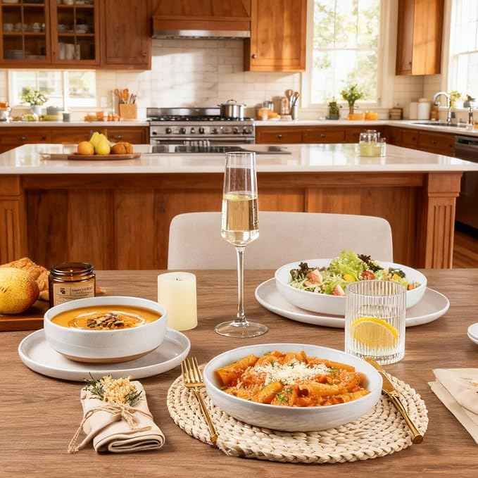 AmorArc Ceramic Dinnerware Sets for 6, 18 Pieces Handpainted Plates and Bowls Set with Rustic Terracotta Underside, Scratch Resistant Stoneware Dishes Set, Dishwasher & Microwave Safe, White