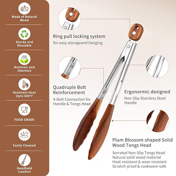 Wooden Tongs for Cooking Set of 3 (7",9",12") Natural Walnut Wooden kitchen Tongs for Grilling, Serving, BBQ and Tossing Salad etc | Ergonomic Stainless Steel Non-Slip Grip, Heat Resistant, Pull Lock