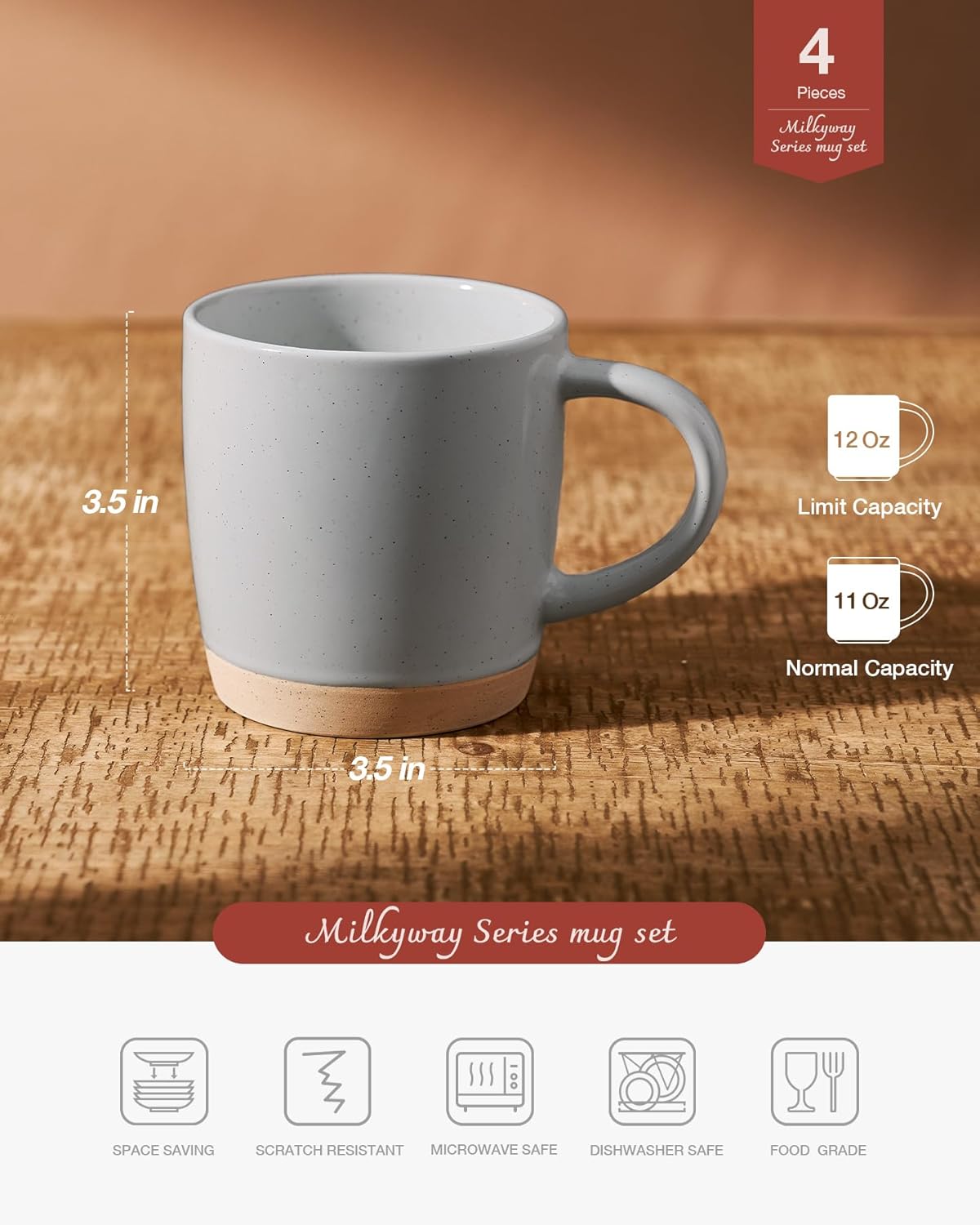 famiware Coffee Mugs for 4, 12 oz Mug Set, Dringking Cup with Handle for Coffee, Tea, Cocoa, Milk, Milkyway serise, Ligth Gray