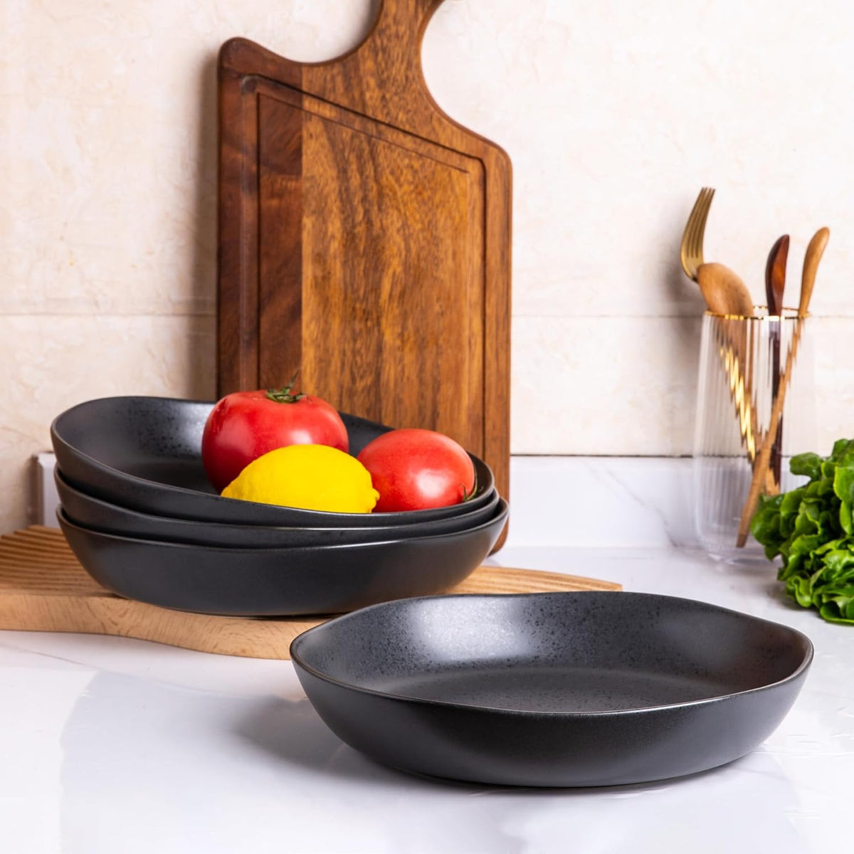 AmorArc Ceramic 9.75 inch Large Flat Pasta Bowls, 38oz Wide Bowls Set of 4 for Kitchen, Oven,Microwave&Dishwasher Safe Bowls with Wavy Rim for Pasta Salad Dinner, Speckled Black