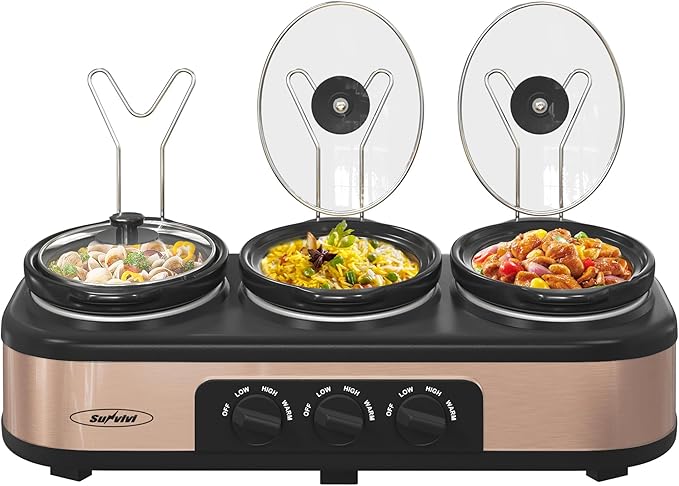 3 * 1.5 Quarts Triple Slow Cooker, Buffet Server & Warmer with 3 Removable Ceramic Pots, 3 Adjustable Temp Settings & 3 Metal Lid Rests, Stainless Steel, Copper