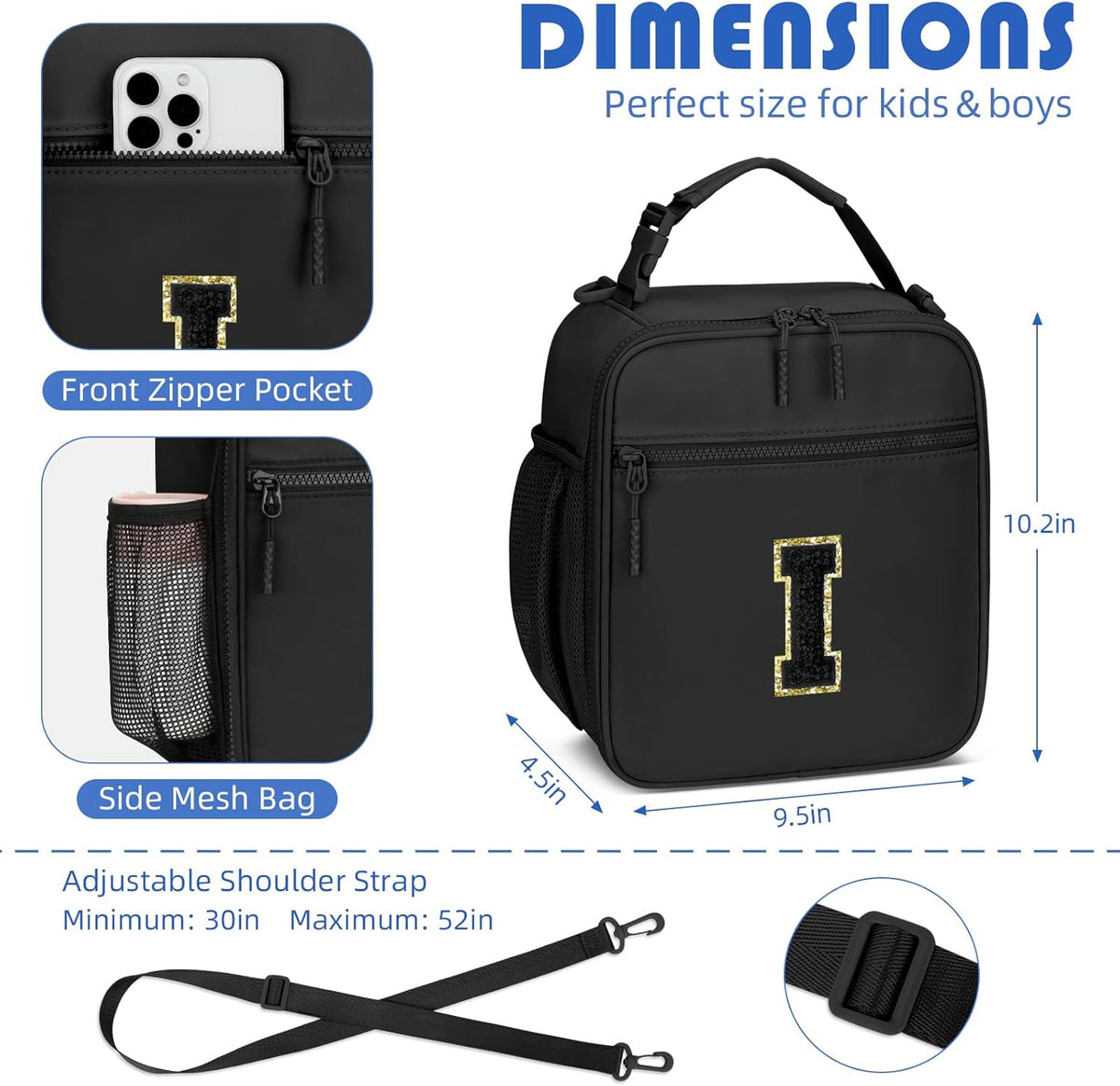 Initial Insulated Lunch Bag for Boys Kids, Back to School Gift, Reusable Leak-proof Lunch Box with Adjustable Strap for School Daycare Travel Picnic（Black，I）