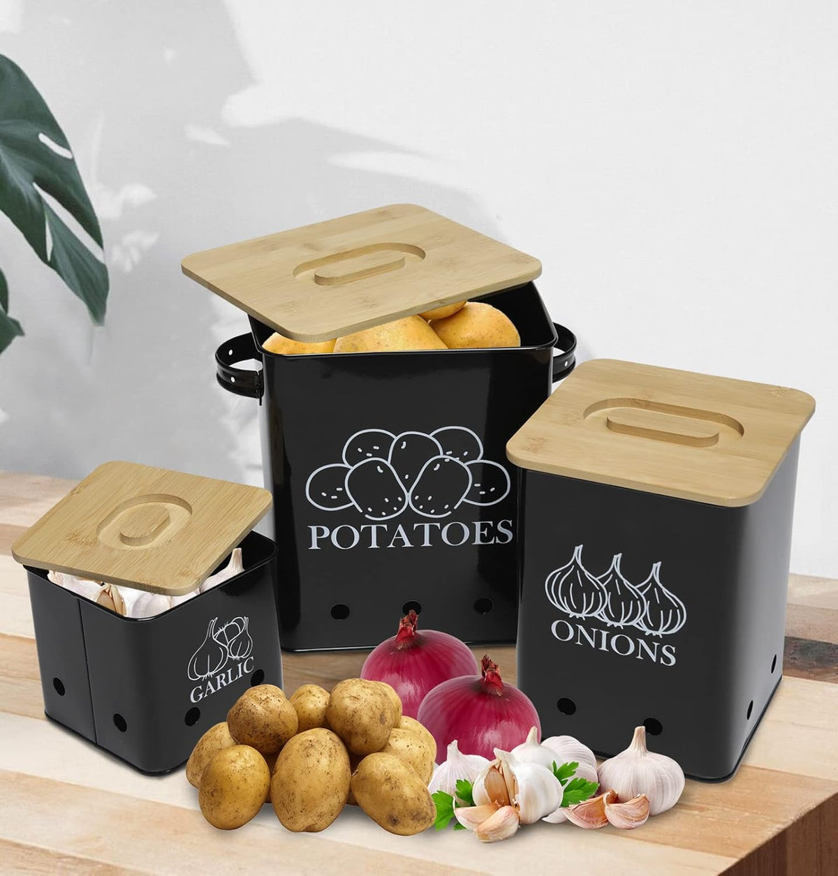 Kitchen Canisters Set, Storage Bin for Potato Onion & Garlic, 3 Pack Set Countertop Pots Containers with Wooden Lid - Potato Storage, Garlic Bin, Onion Keeper Tin with Aerating Holes-Black
