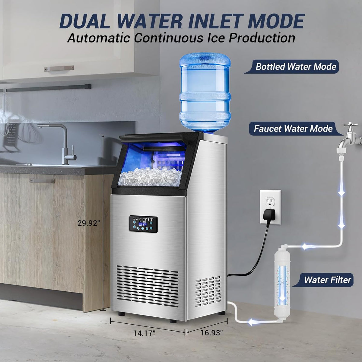 15" Wide Commercial Ice Maker Machine 120LBS/24H - 40PCS Ice Cubes per Cycle, with 30LBS Storage Bin Undercounter/Freestanding Ice Cube Maker for Home Bars and Outdoors, Self-Cleaning Ice Machine