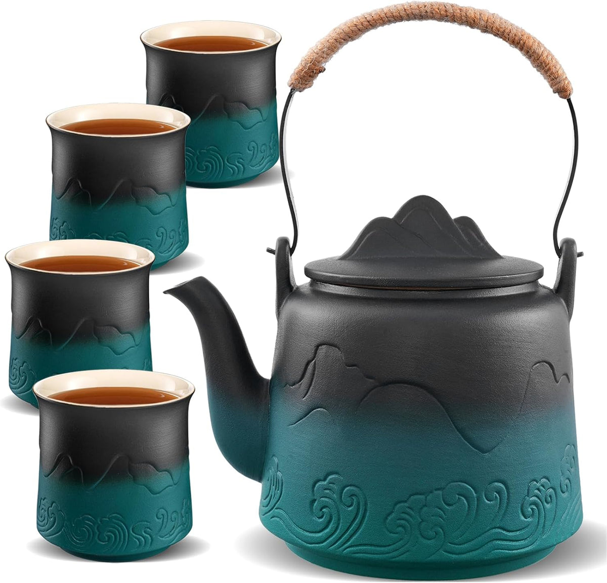 ZENS Vintage Japanese Tea Set, Gradient Embossed Ceramic Japanese Teapot with 4 Teacups, Hemp Rope Handle 33.8 oz Loose Leaf Teapot with Built-in Strainer for Tea Steeper Gifts, Black & Green