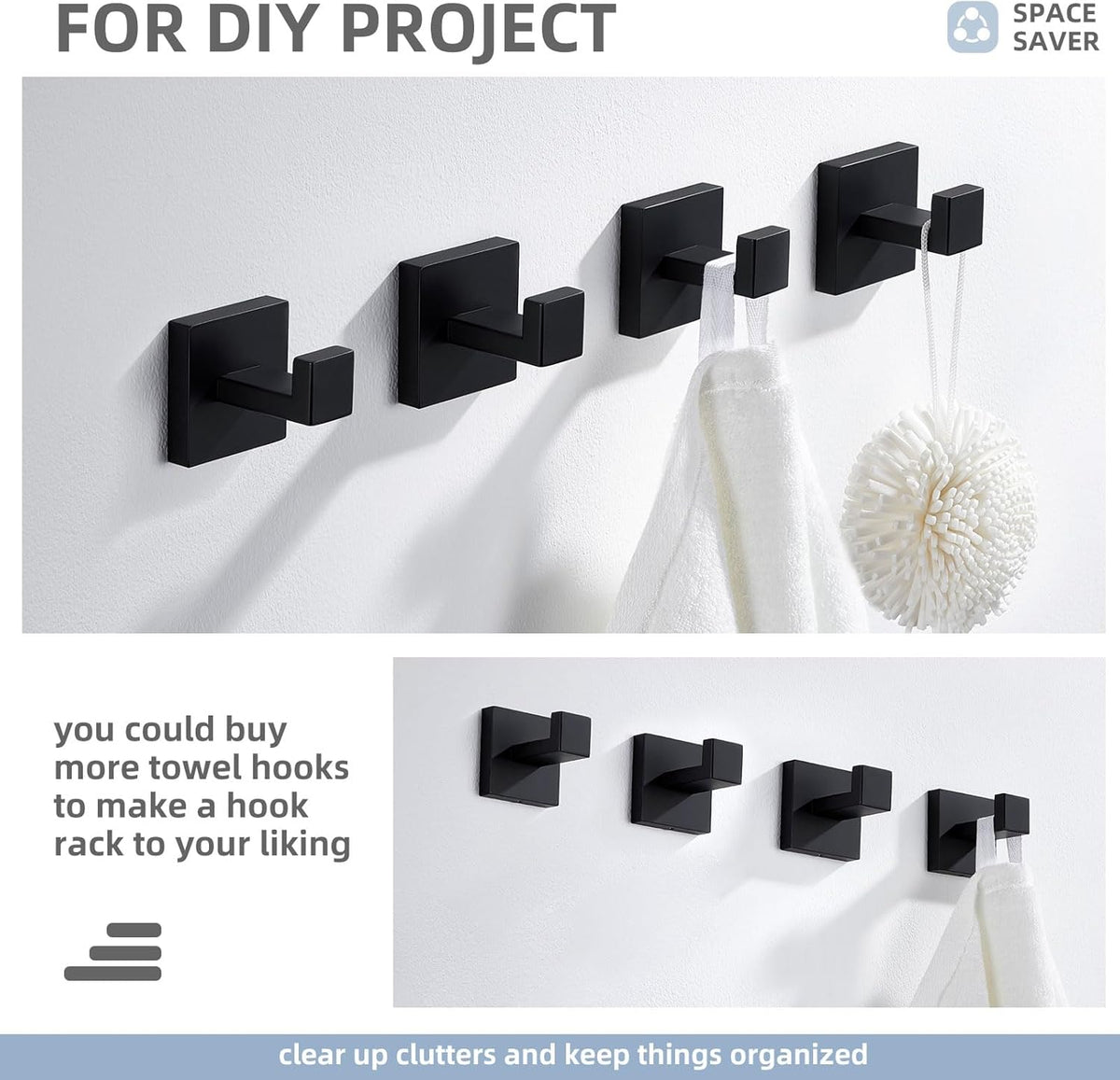 Angle Simple Matte Black Towel Hooks for Bathroom, SUS 304 Stainless Steel Square Wall Coat Hooks, 2 Pack