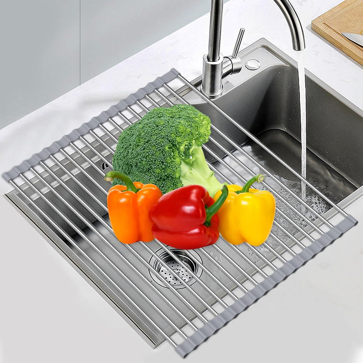Expandable Roll Up Dish Drying Rack, 23.6"L x 13.0"W Large Stainless Steel Over The Sink Dish Drying Rack with Silicone Wrapped Anti-Slip Foldable Multipurpose Dish Drainers for Kitchen Sink