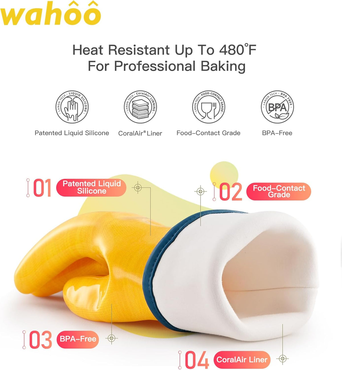 wahoo Professional Liquid Silicone Oven Mitts Gloves, Heat Resistant Gloves for Cooking, Baking, CoralAir Liner, 12 Inch, Yellow, Large