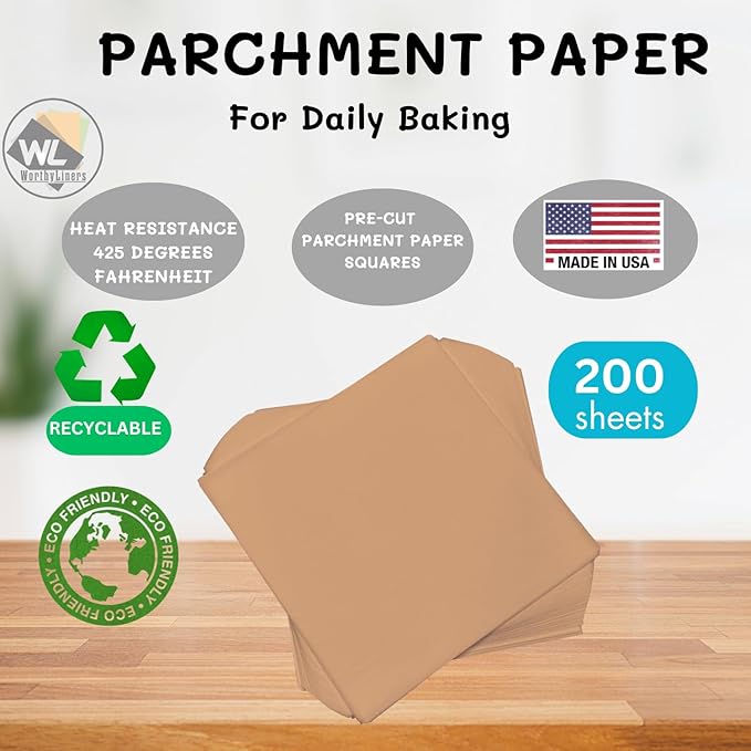 5 x 5 Inch Natural Parchment Paper Squares 200 Sheets | Made is USA | Worthy Liners Non-Stick Precut Baking Parchment, Perfect for baking and cooking