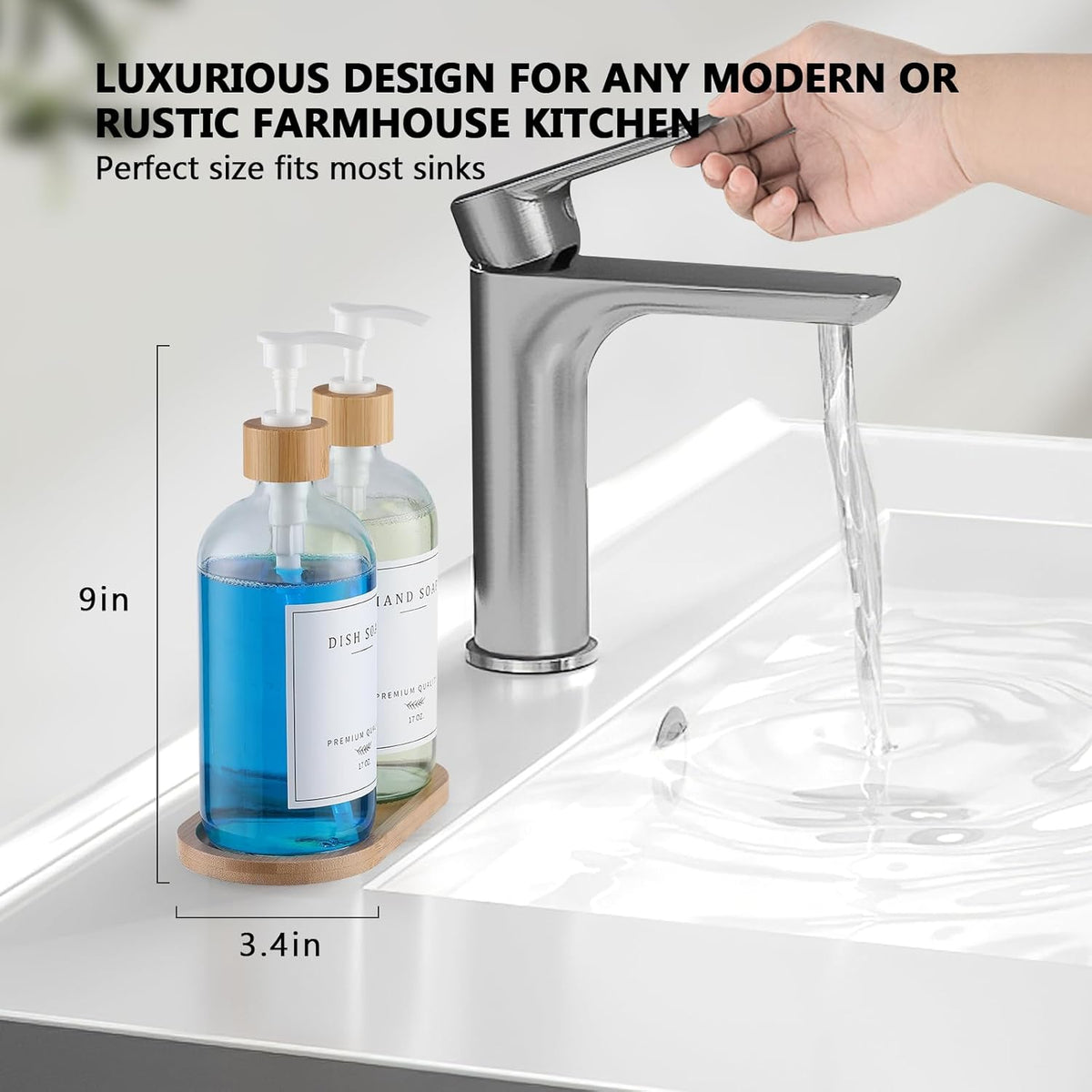 Clear Glass Soap Dispenser - Dish Hand Soap Dispenser Set for Kitchen, Refillable Soap Lotion Dispenser Bathroom with Sturdy Pump and Tray, 14 Waterproof Labels -Clear