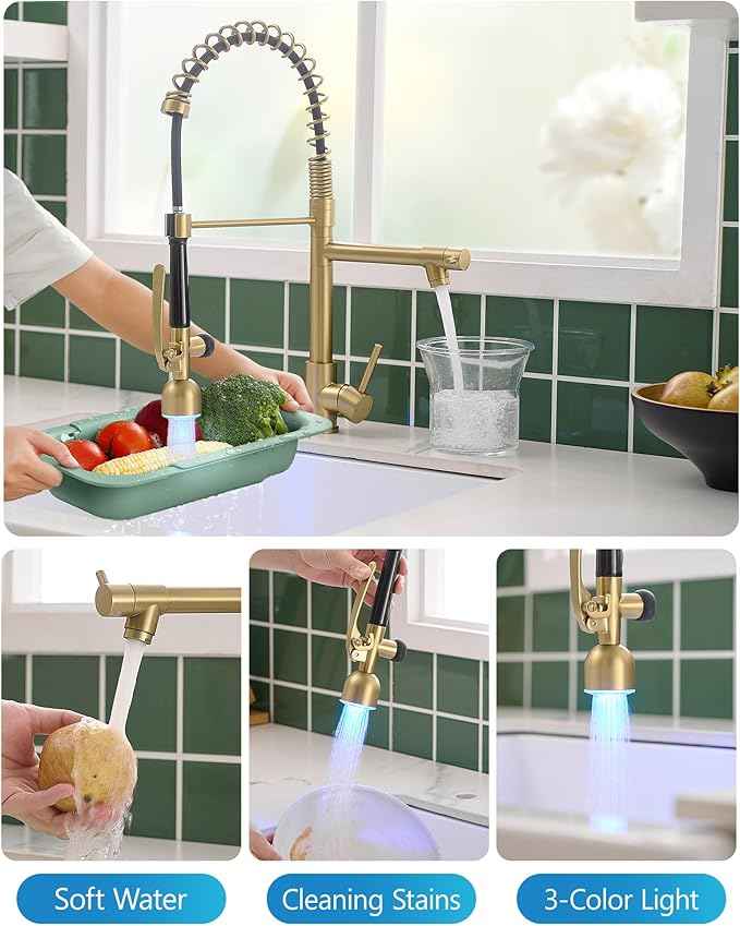 Fapully Single Handle High Arc Brushed Gold Pull Down Kitchen Faucet LED,Single Level Kitchen Sink Faucets with Pull Down Sprayer
