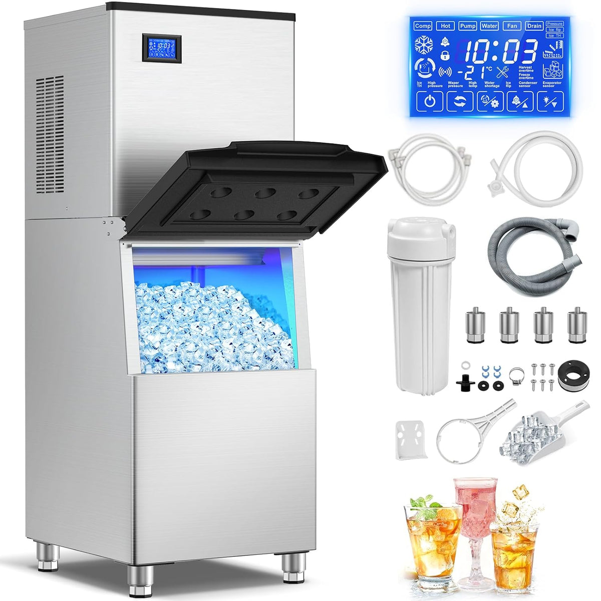 Commercial Ice Maker 600 Lbs/24H Ice Machine Large Capacity Stainless Steel, 182 Ice Trays Industrial Ice Machine, 350 Lbs Storage Commercial Ice Maker Machine Freestanding, Cube Ice Maker Commercial