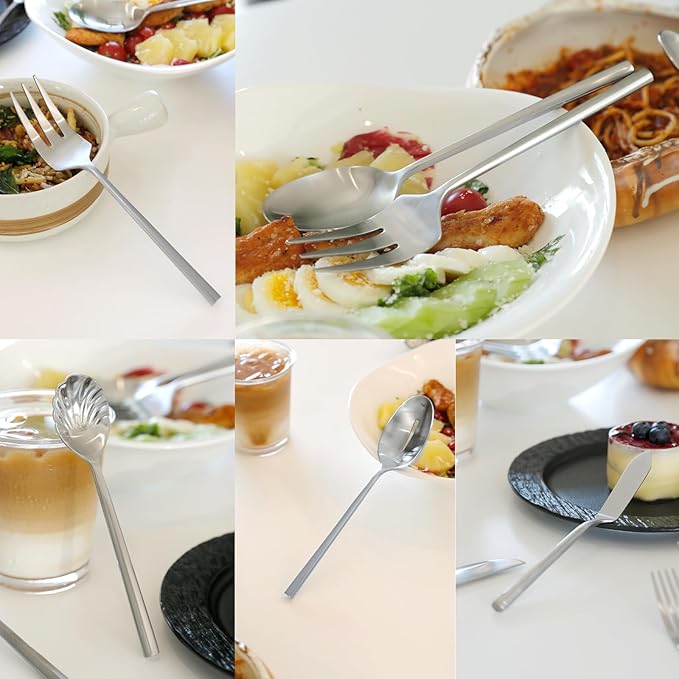 DEACORY Hexagon Serving Silverware Serving Set Flatware Set Cutlery Set Utensil Serving Set Stainless Steel Matte Silver 45 Pieces Service for 8