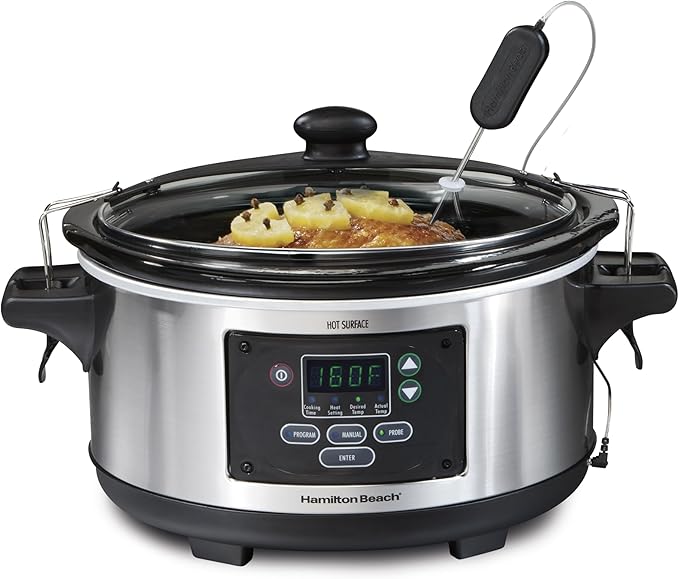 Hamilton Beach Portable 6 Quart Set & Forget Digital Programmable Slow Cooker with Lid Lock, Temperature Probe, Dishwasher Safe Crock & Lid, Stainless Steel (33969A)