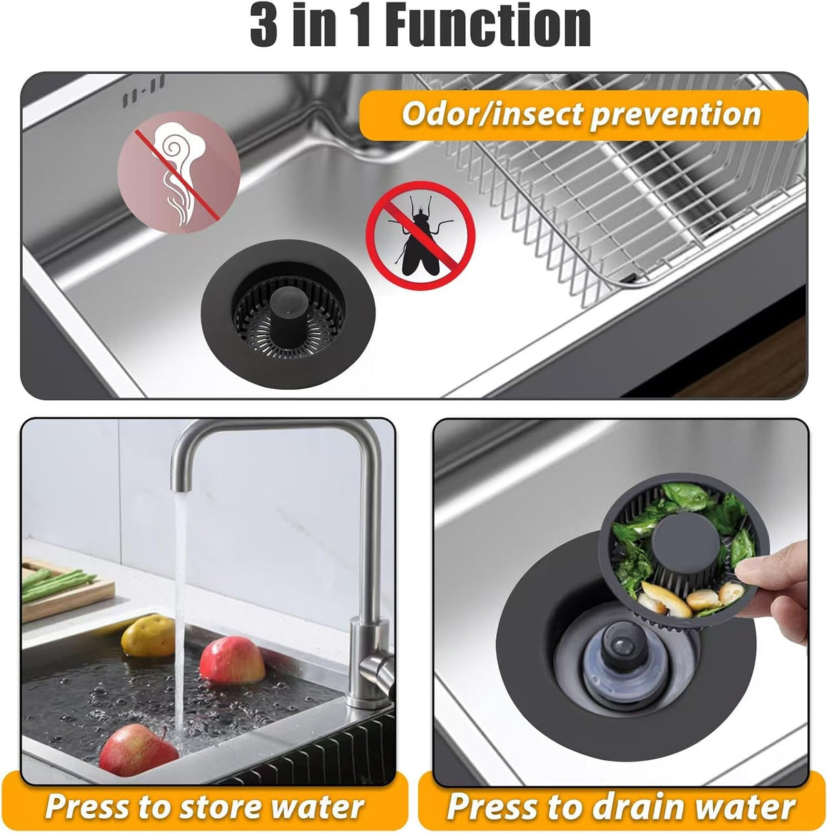 Kitchen Sink Drain Strainer, 3 in 1 Pop Up Kitchen Sink Stopper, with An Extra Basket Strainer, Universal for US Standard 3-1/2 Inch, Black