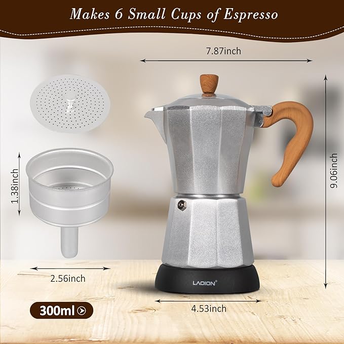LAOION Cafeteras Electricas Modernas,6 Cup Portable Espresso Maker,300ml Moka Pot with Detachable Base & Overheat Protection, Great for Home，Office, or Travel, a Thoughtful Gift for Coffee Lovers