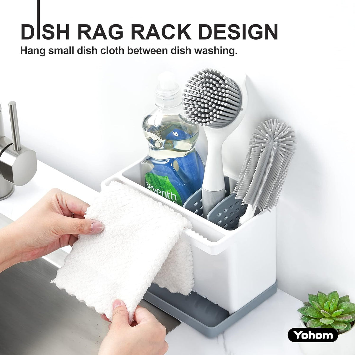 YOHOM Sink Brush Holder for Kitchen Sink Sponge Caddy Countertop Organizer Plastic Dish Scrubber Holder with Dividers