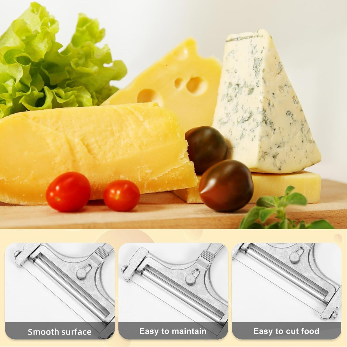 Cheese Cutter, Stainless Steel Cheese Slicer with 4pcs Extra Wires Adjustable Handheld Butter Block Cutter for Cheddar Gruyere Mozzarella Kitchen Slicing Tools