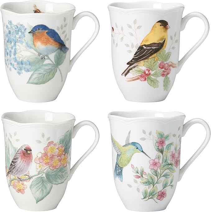 Lenox Coffee Mug Set, Butterfly Meadow Flutter 4-Piece Mugs, Service For 4, 12 Ounce Mug, Chip Resistant White Porcelain, Microwave And Dishwasher Safe, Ceramic Mugs, Coffee Cups (Assorted, 4 Piece)