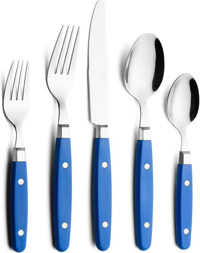 ANNOVA Silverware Set, Retro/Rivet Colorful Stainless Steel Tableware Kitchen Flatware Set Utensils, Includes Dinner Knives, Forks, Spoons, Salad Forks & Dessert Spoons (Sapphire Blue, 20 Pieces)