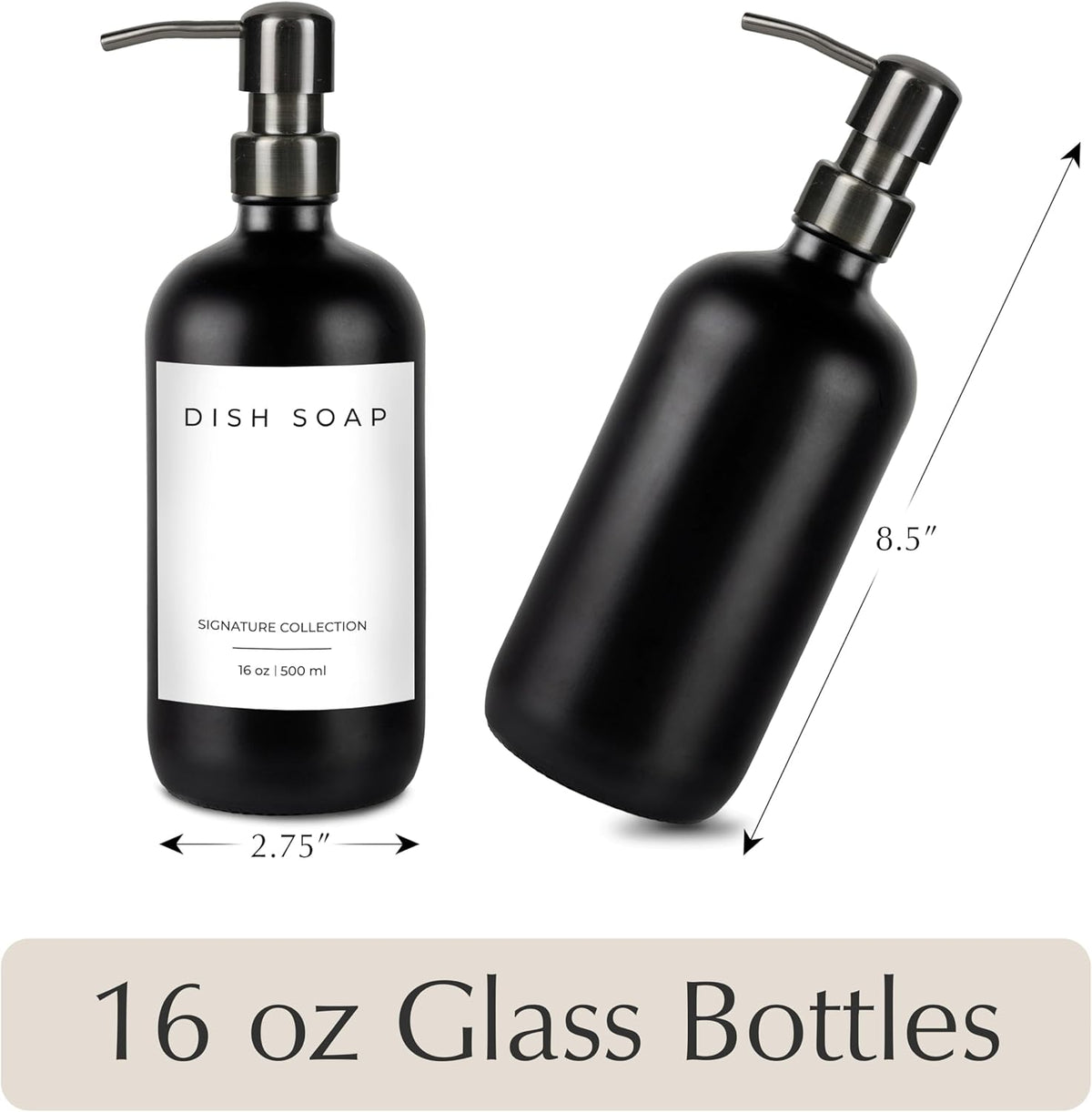 Emerson Essentials Glass Soap Bottle Dispensers, 2 Pack, Stainless-Steel Pumps Rust-Free, Hand Set for Bathroom Kitchen Sink, Liquid Lotion Shampoo Jars with 4 Waterproof Labels, 16 Oz Gunmetal
