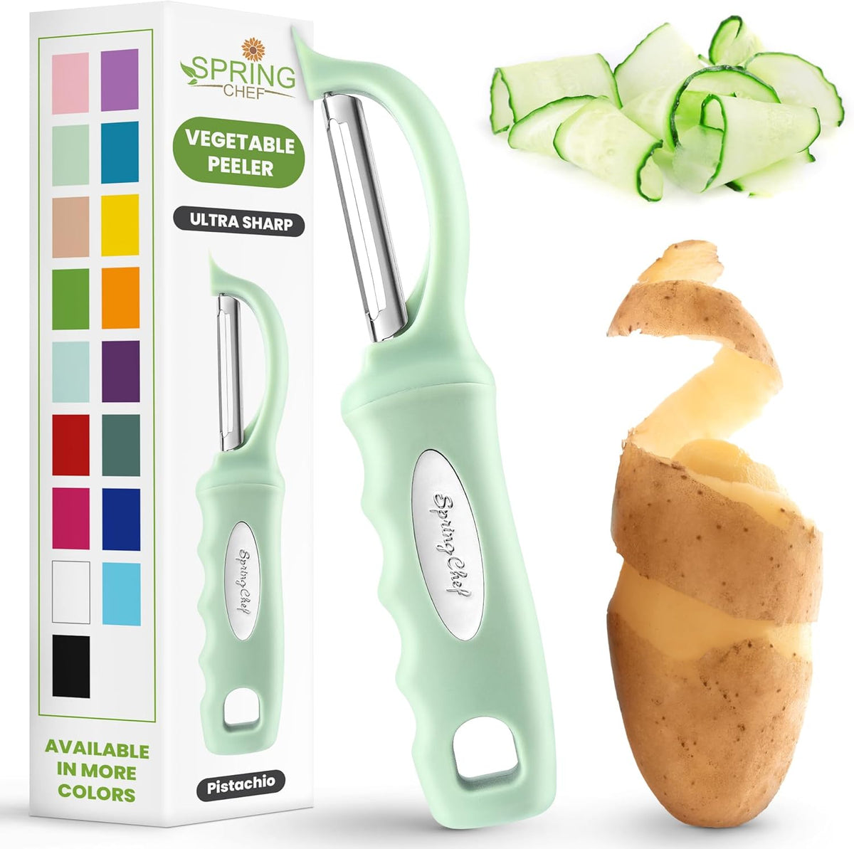 Spring Chef Premium Swivel Vegetable Peeler, Comfortable Handle and Ultra Sharp Stainless Steel Blades - Perfect Kitchen Peeler For Veggie, Fruit, Potato, Carrot, Apple - Pistachio