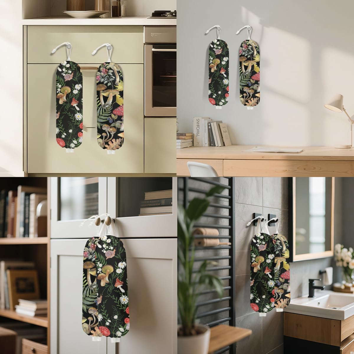 2Pcs Mushroom Plastic Bag Holder, Wall Mount Grocery Bag Holder for Plastic Bags, Summer Leaves Reusable Shopping Bags Storage Dispenser for Home Kitchen Pantry, Mushroom Gifts for Women