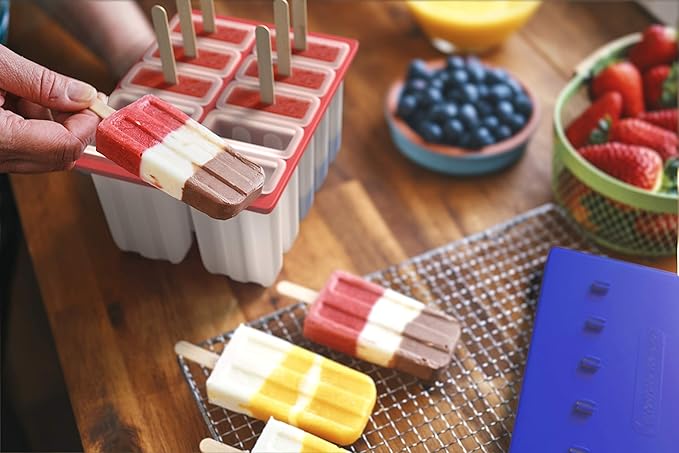 American Ice Pop Maker - Frozen Popsicle Mold Kit Moldes Para Paletas - 10 Large BPA Free Removable Plastic Molds + 50 Wood Sticks, Cleaning Brush, Healthy Kids Fruit & Cream Treats(Classic-10, Blue)