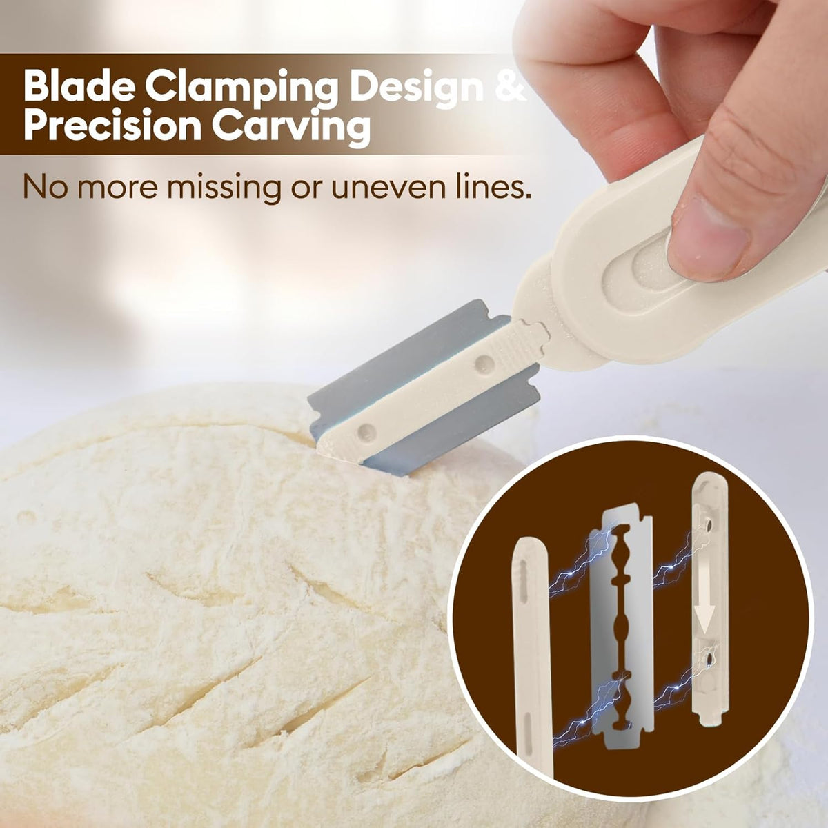 MOJOHAND Bread lame for Dough, Magnetic & Reusable Bread Lame Dough Scoring Tool, Anti-Slip Handle with Long Retractable Razor blades, Sourdough Scoring tool for Bread Making(Off-white)