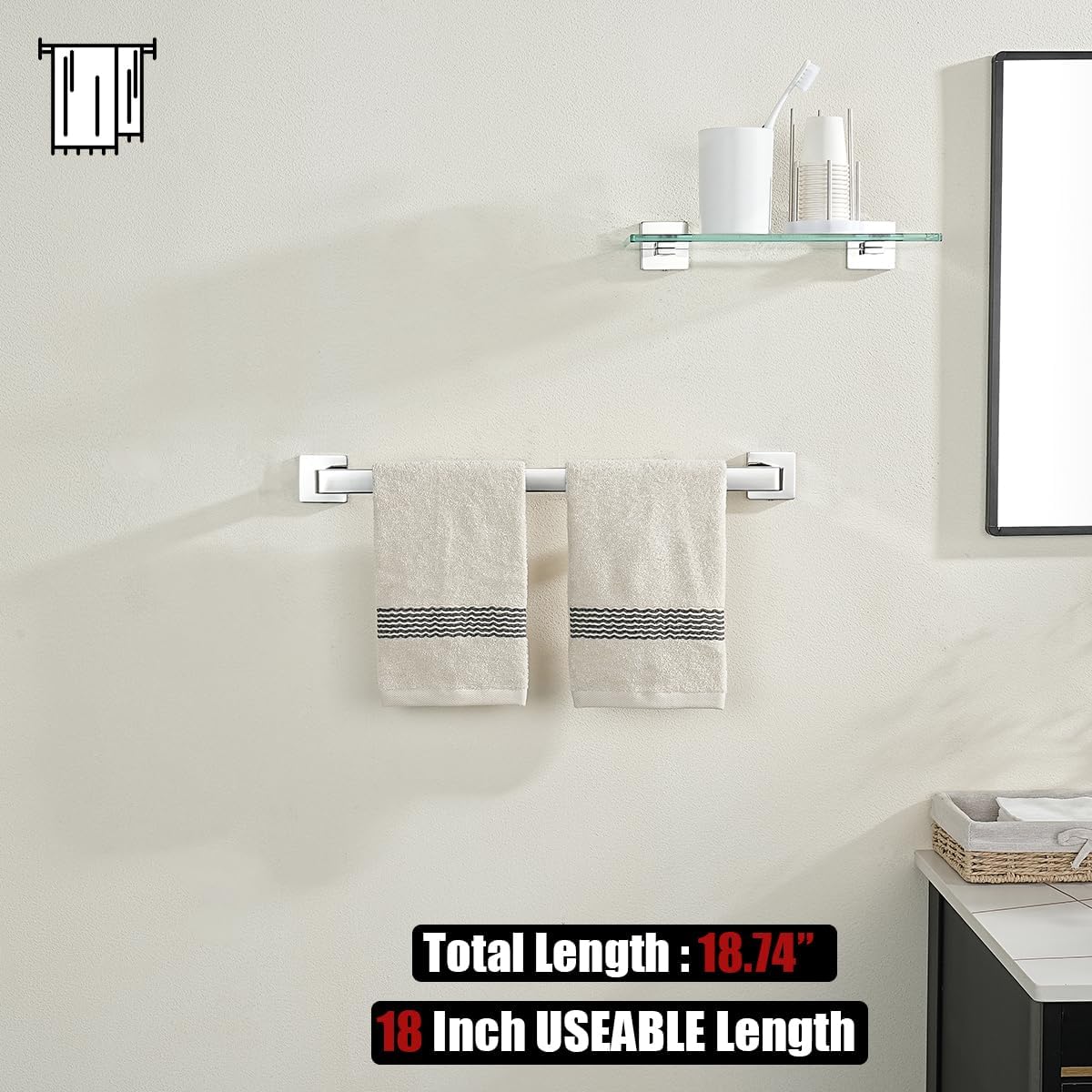 JQK Polished Towel Bar, Rounded Edges 20.41 Inch Towel Rack, 304 Stainless Steel Bathroom Wall Mount, Useable Length 18 Inch, TB250L18-CH
