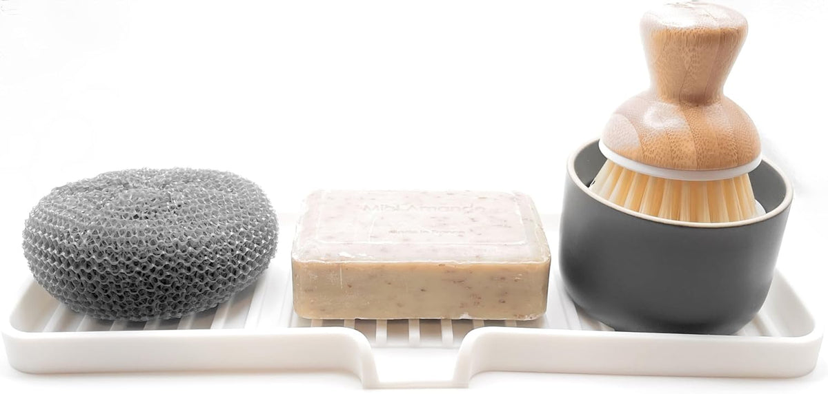 Happitasa Silicone Soap Dish Tray and Sponge Holder with Drain Chute | Bathroom and Kitchen Sink Organizer Caddy (White, 12"x4", 7.4 Ounces)
