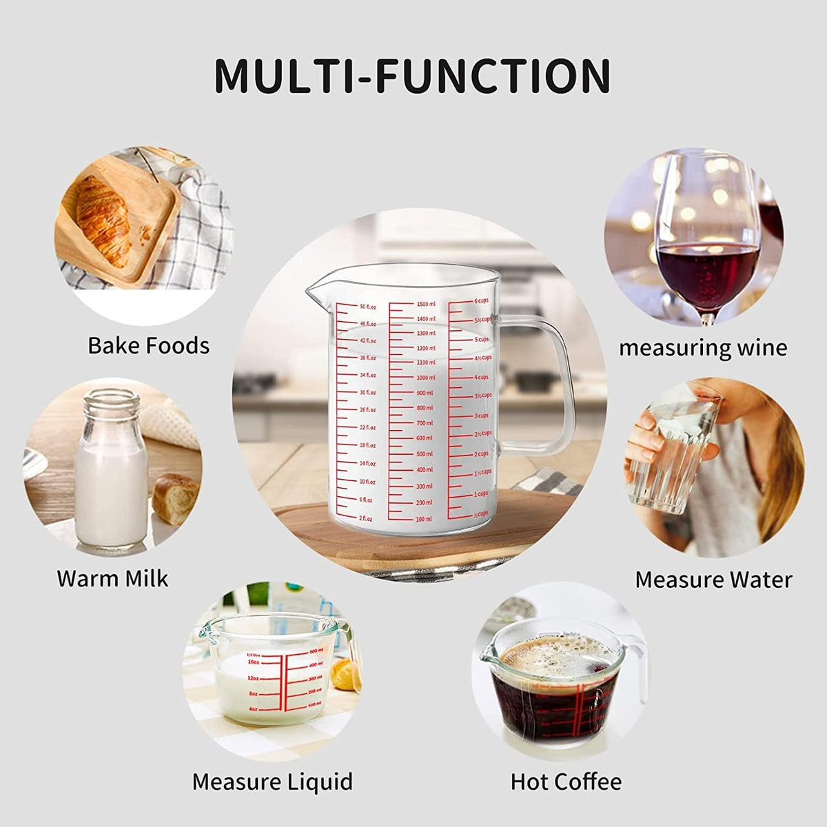 Luvan 6 Cups Glass Measuring Cup, Easy to Read with 3 measurement scales (Ml/Oz/Cup), Insulated Handle and V-shaped Spout, High Borosilicate Glass Measuring Cup, Ideal for Kitchen or Restaurant