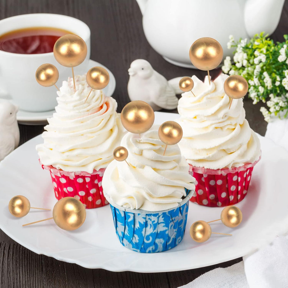 108 Pcs Balls Cake Topper DIY Cupcake Insert Foam Balloons for Cake Baking Wedding Anniversary Birthday Decoration(Red, White, Gold,Multi Sizes)
