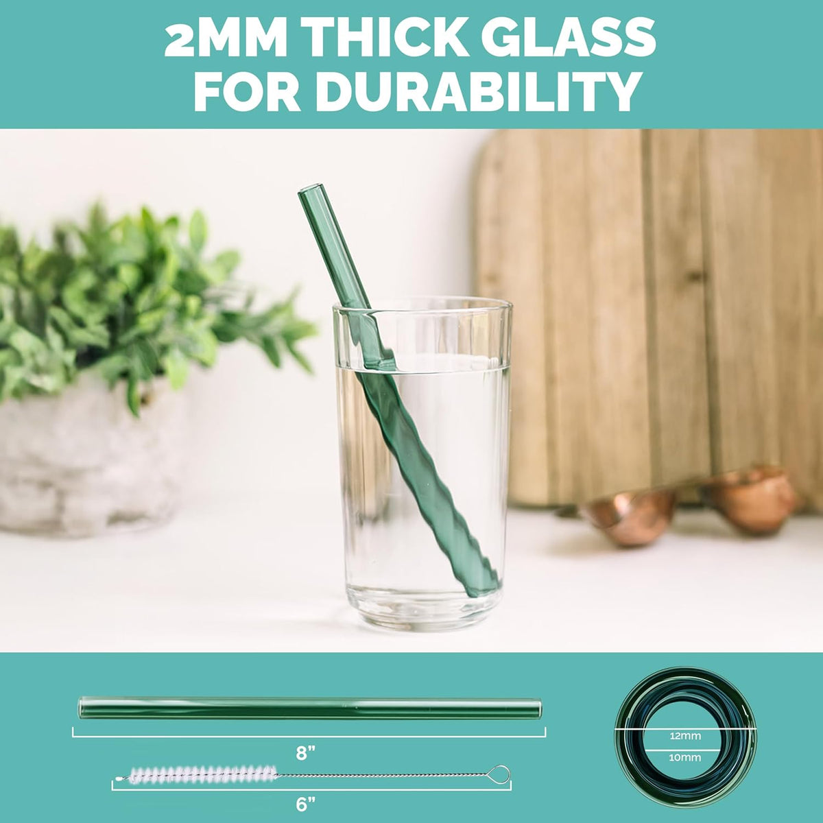 Simply Straws 8 Inch Wide Glass Straws (6-Pack) - 12mm Reusable Boba Straws for Milkshakes & Smoothies, with Cleaning Brush - Dishwasher Safe, Hot & Cold Use, BPA-Free (Meadow)