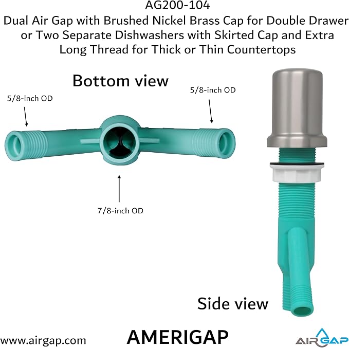 Dual Air Gap with Brushed Nickel Brass Cap for Double Drawer or Two Separate Dishwashers with Skirted Cap and Extra Long Thread for Thick or Thin Countertops (AG200-104, AG200-X04, AMERIGAP)